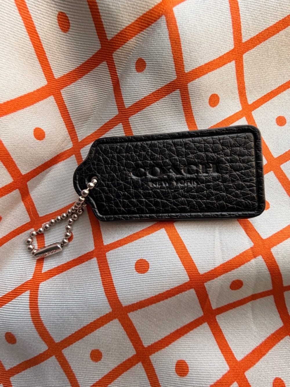 Coach Black Pebbled Leather Hang Tag with Silver Ball Chain 2.37”
